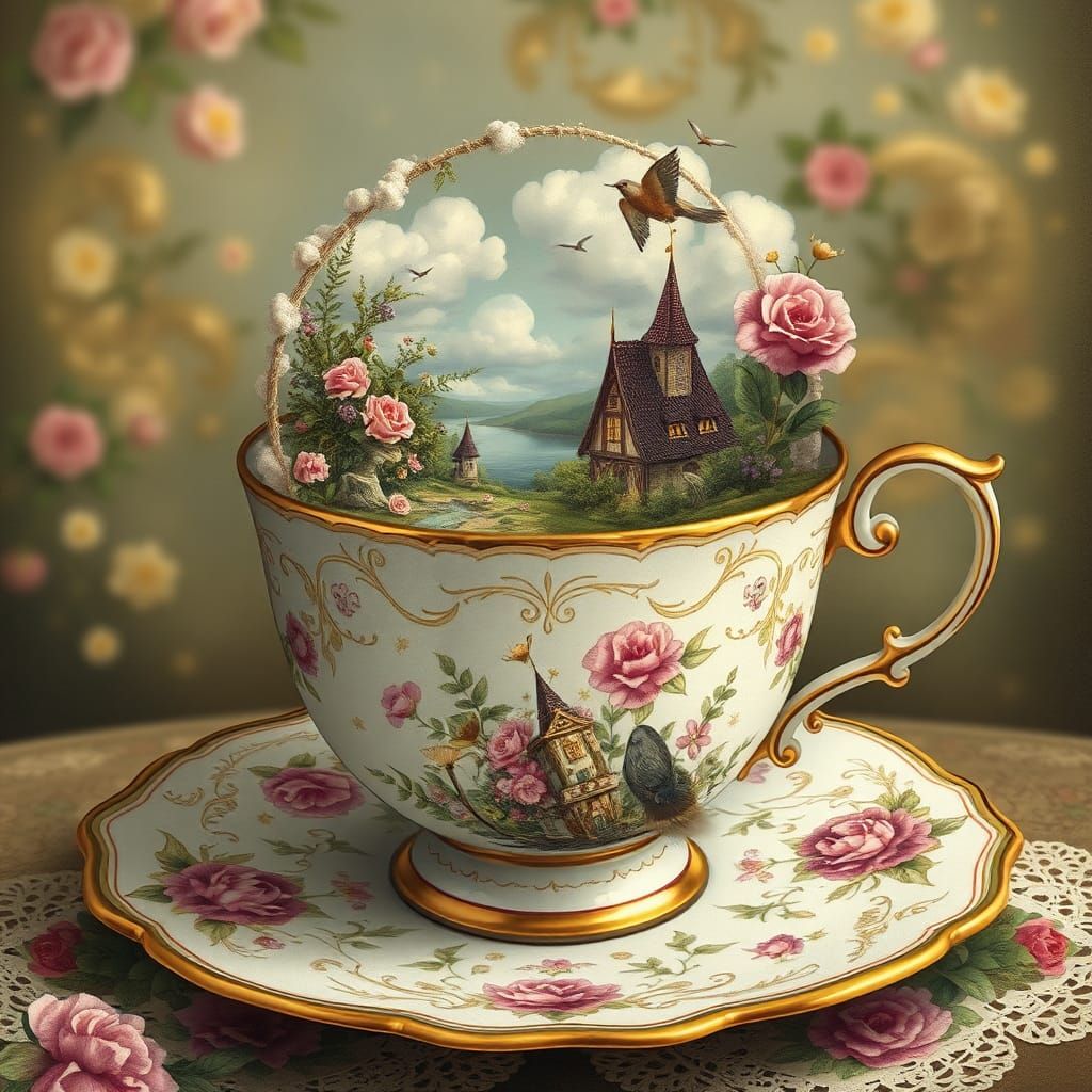 Dreamlike Scene in Antique Tea Cup