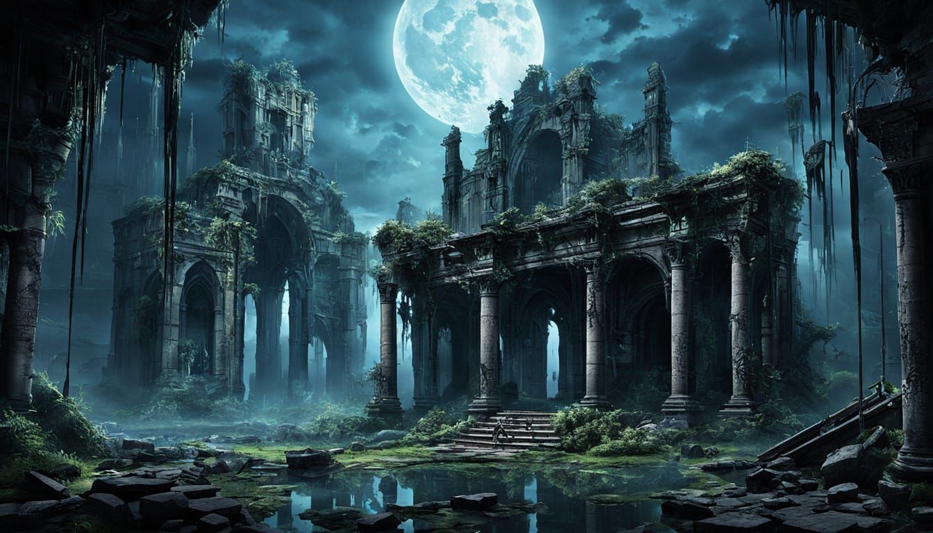 The surreal magical dystopia has cracked ruins with floating whispers of a luminescent twilight veil.