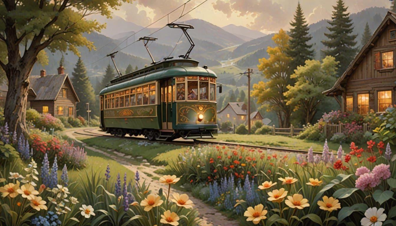 Glass and Steel Tram in a Whimsical Rural Scene