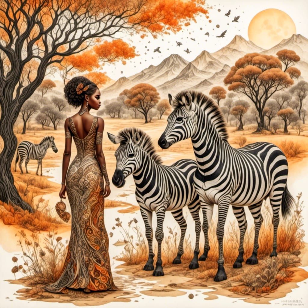 A sunny African landscape a beautiful black woman with a cou...