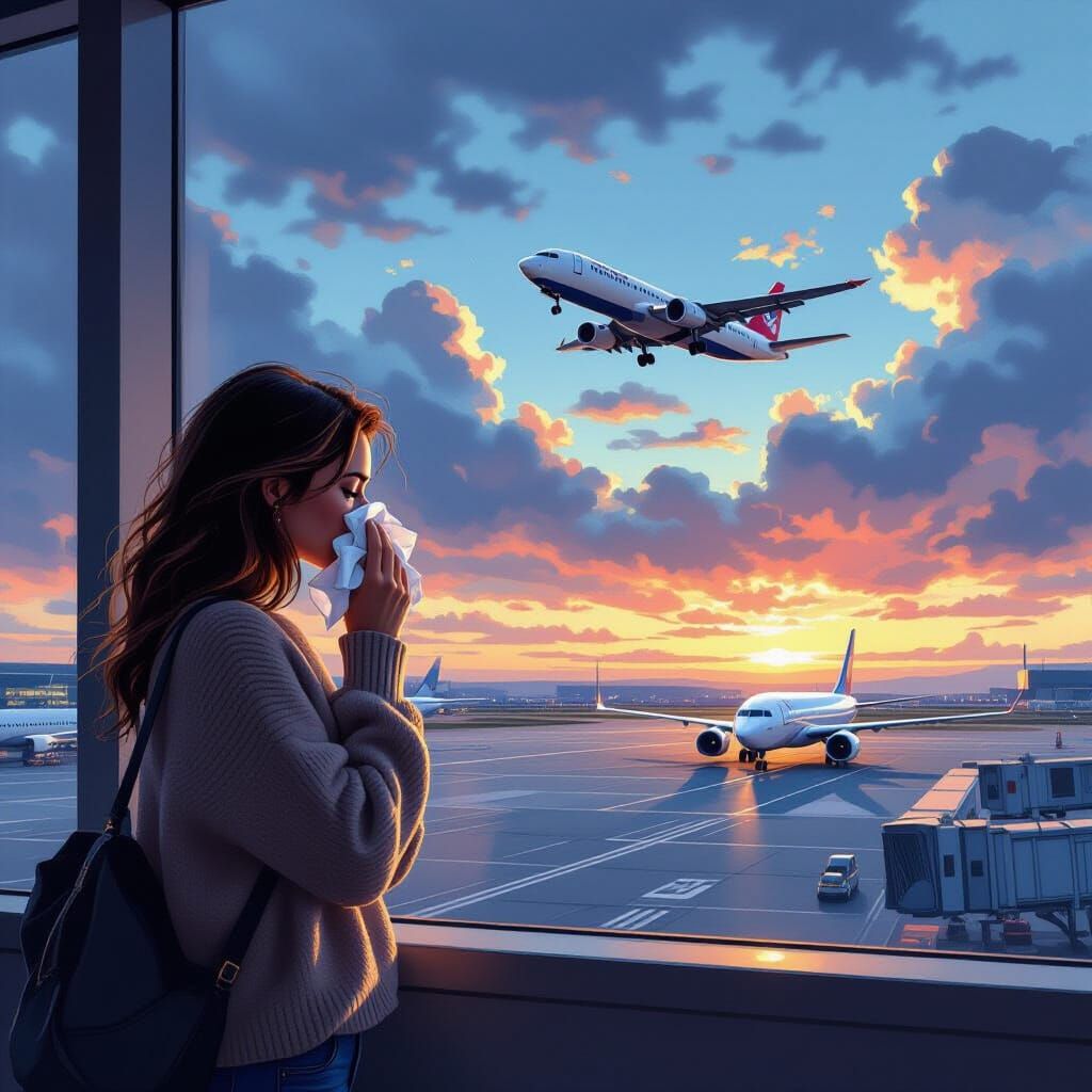 Woman Wipes Tears Watching Plane Take Off