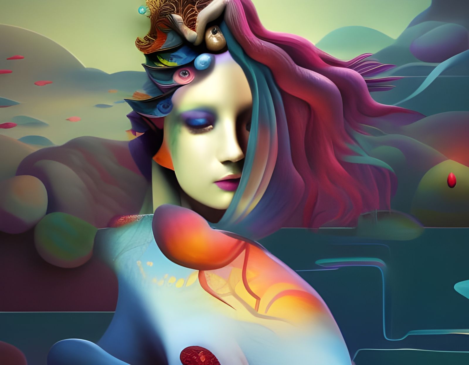 Bioluminescent Mermaid in Cubist Underwater Scene