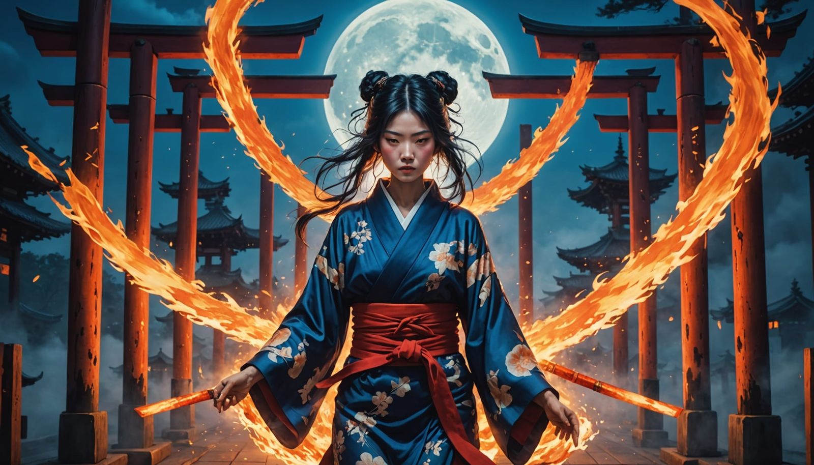 Surreal Japanese Myth: Woman Running Through Torii Gates