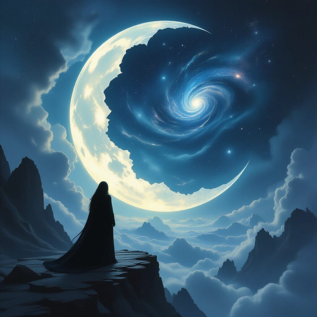 Woman Gazes into Cosmic Void from Shattered Moon