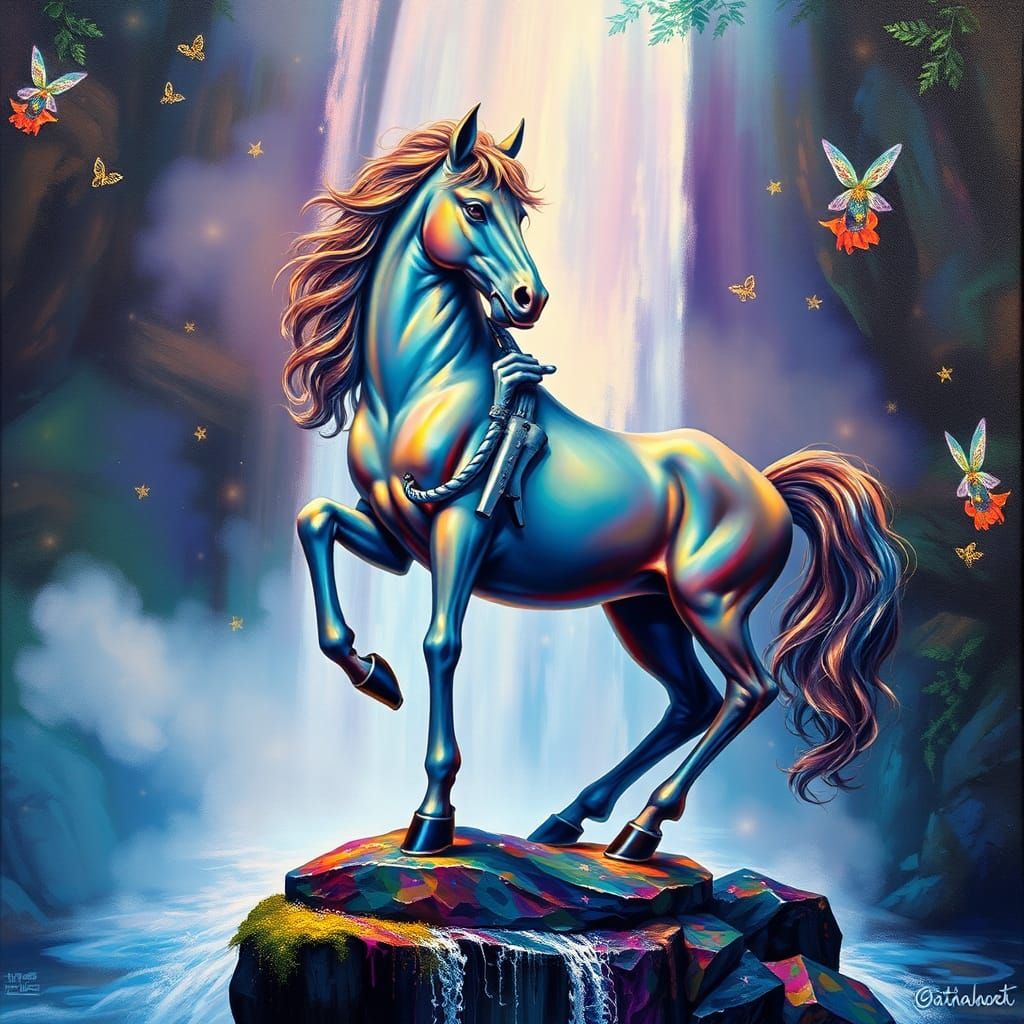Centarur, half human, half horse, plays violin at magical rainbow colored waterfall, little fairies listen to the sound,...