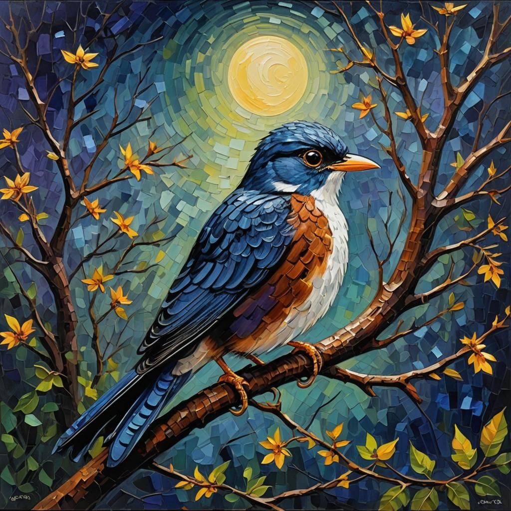 Moonlit Cuckoo: A Neo-Impressionist Oil Painting