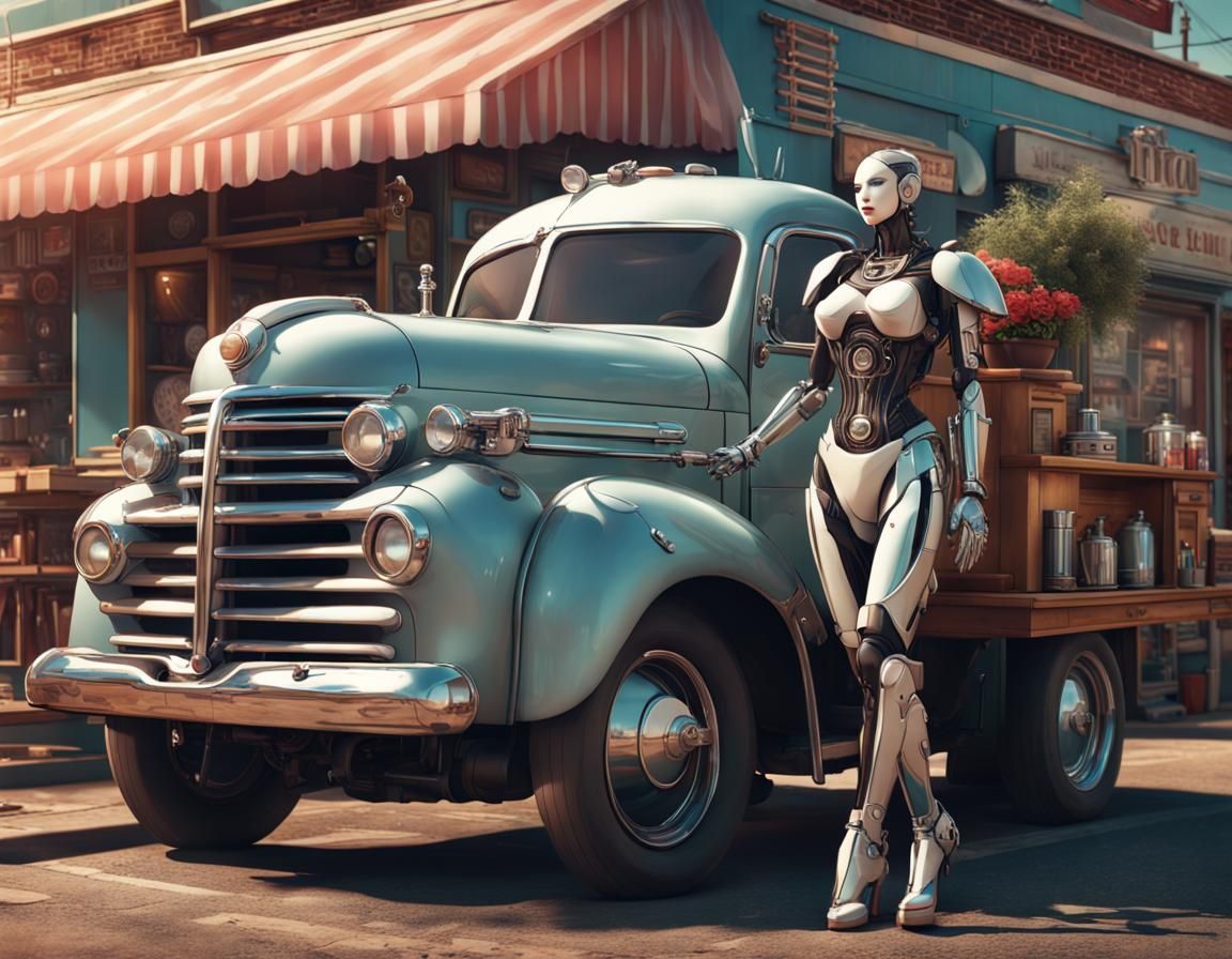 Cyber Woman with Vintage Truck at Diner