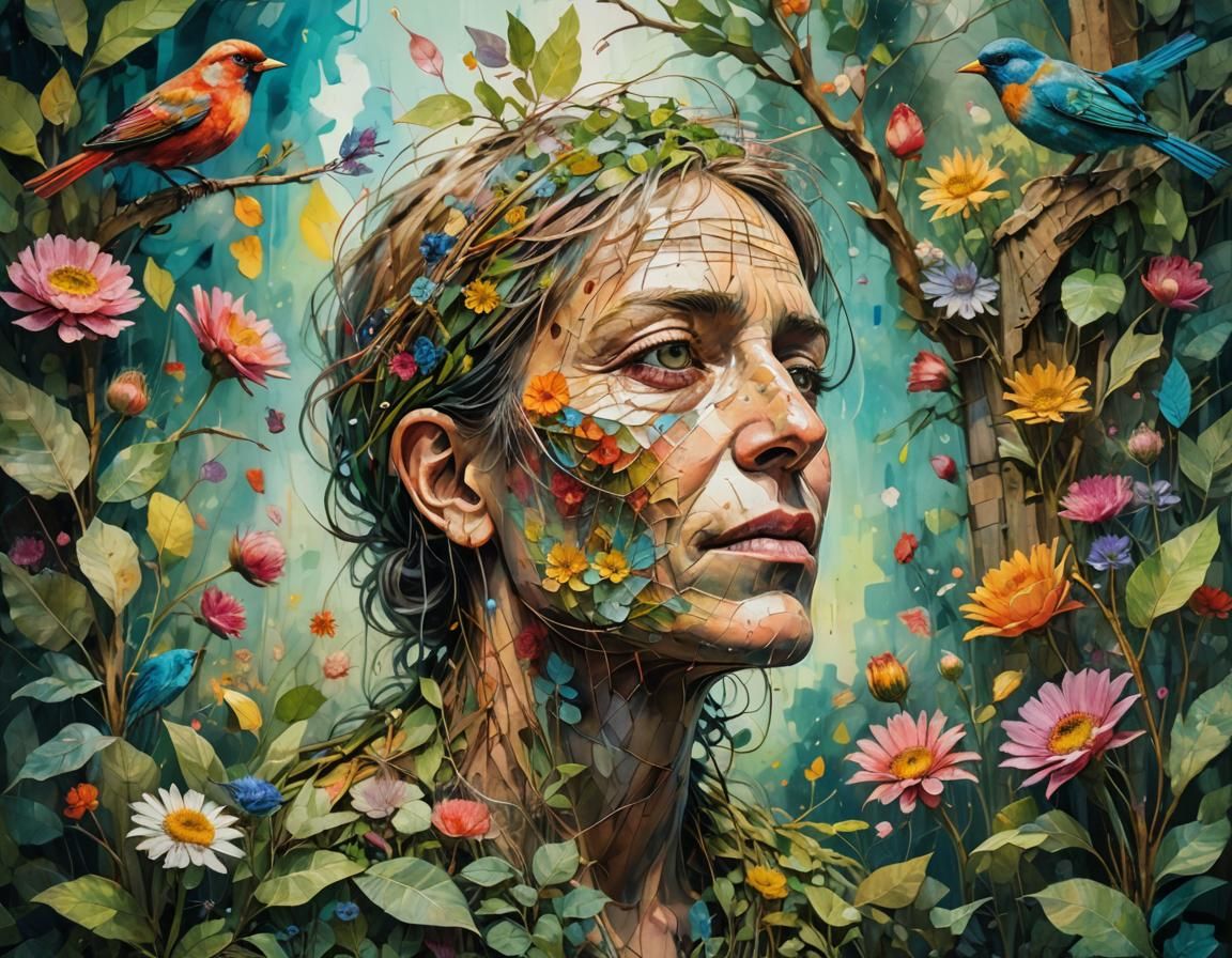 Bird Song in Hyperrealistic Cottage Garden Art