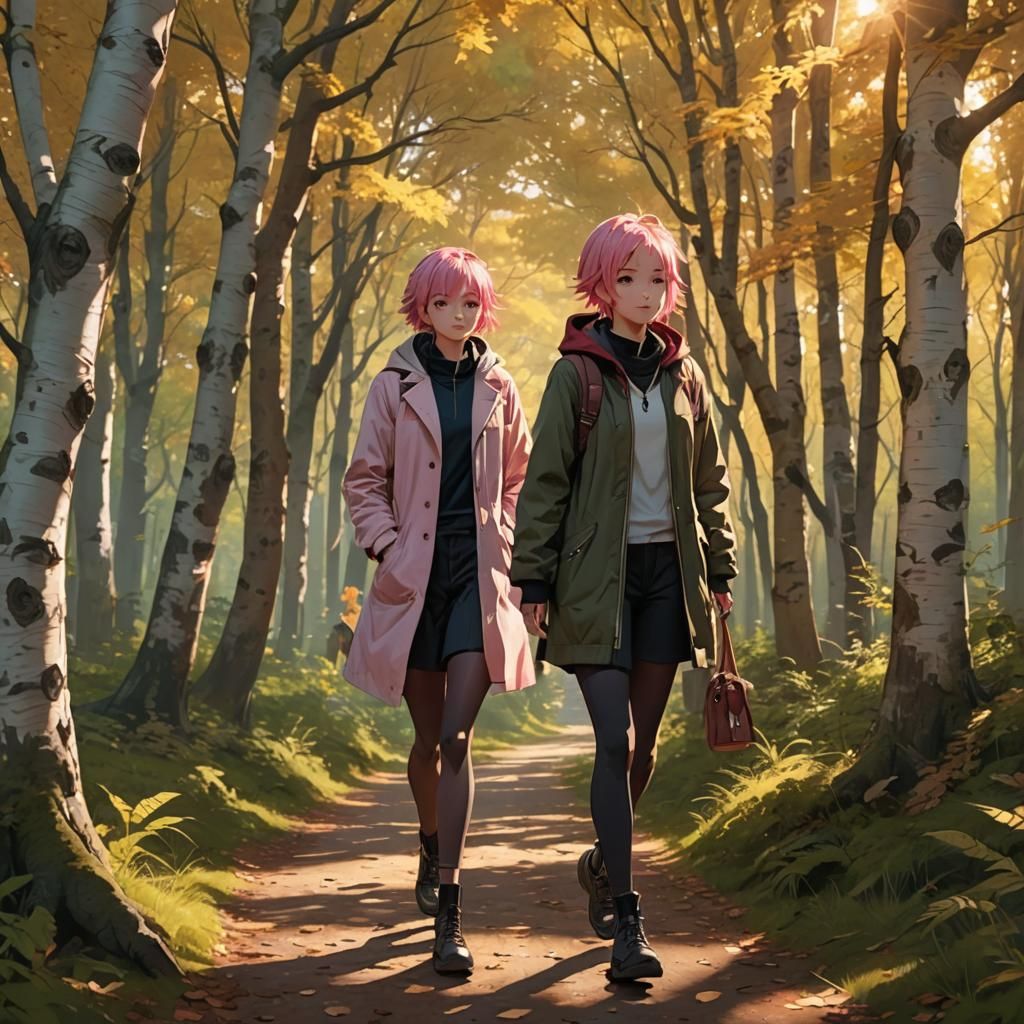 Woman with Pink Hair Walks Forest Path in Anime Style
