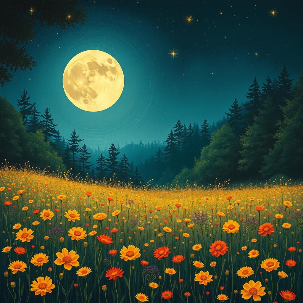 Moonlit Flower Field in William Morris Style