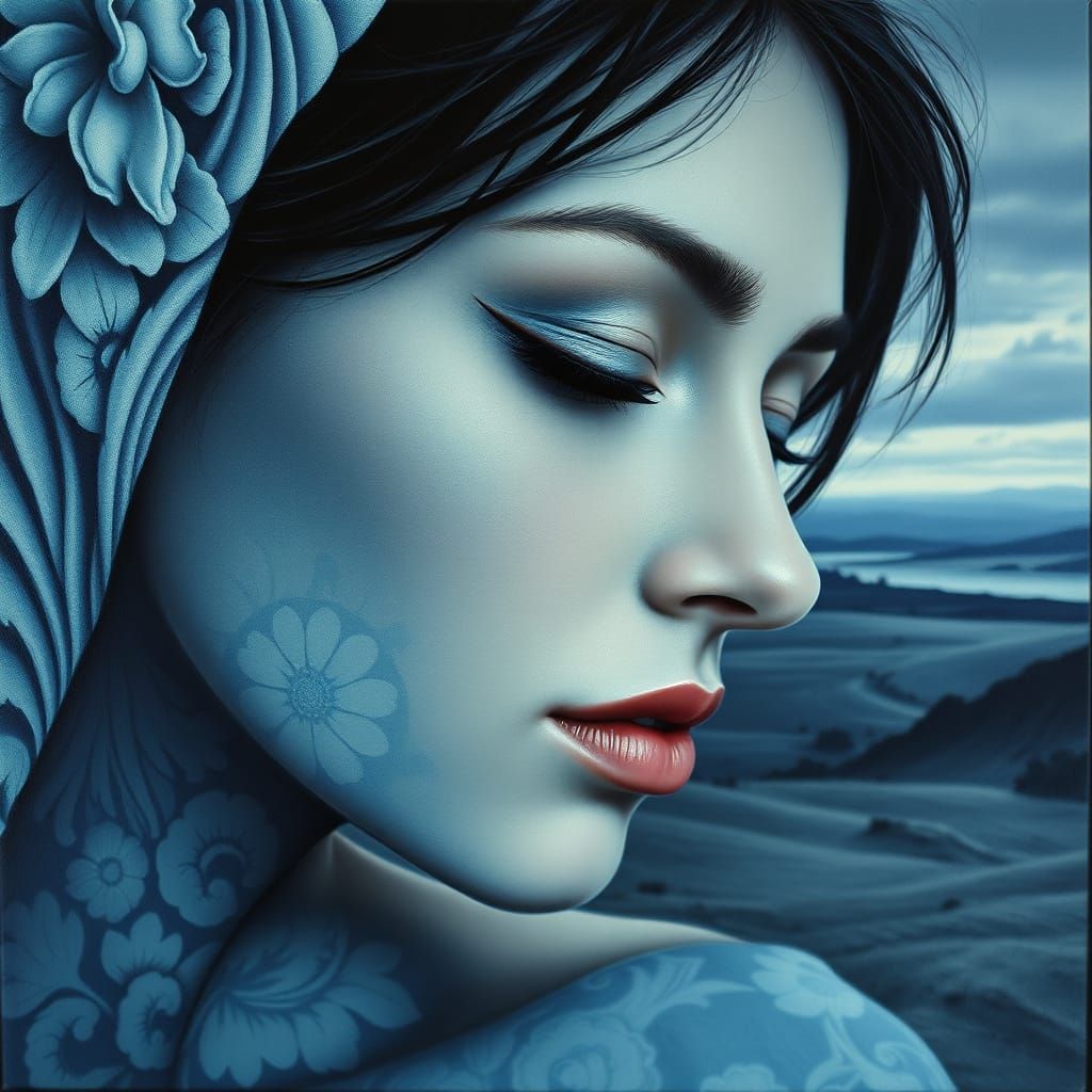 Pensive Woman With Psychedelic Floral Patterns in Blue