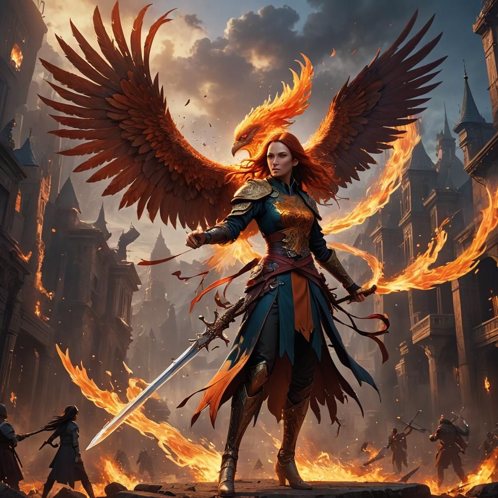 Fiery Phoenix Above Girl with Sword: Fantasy Art