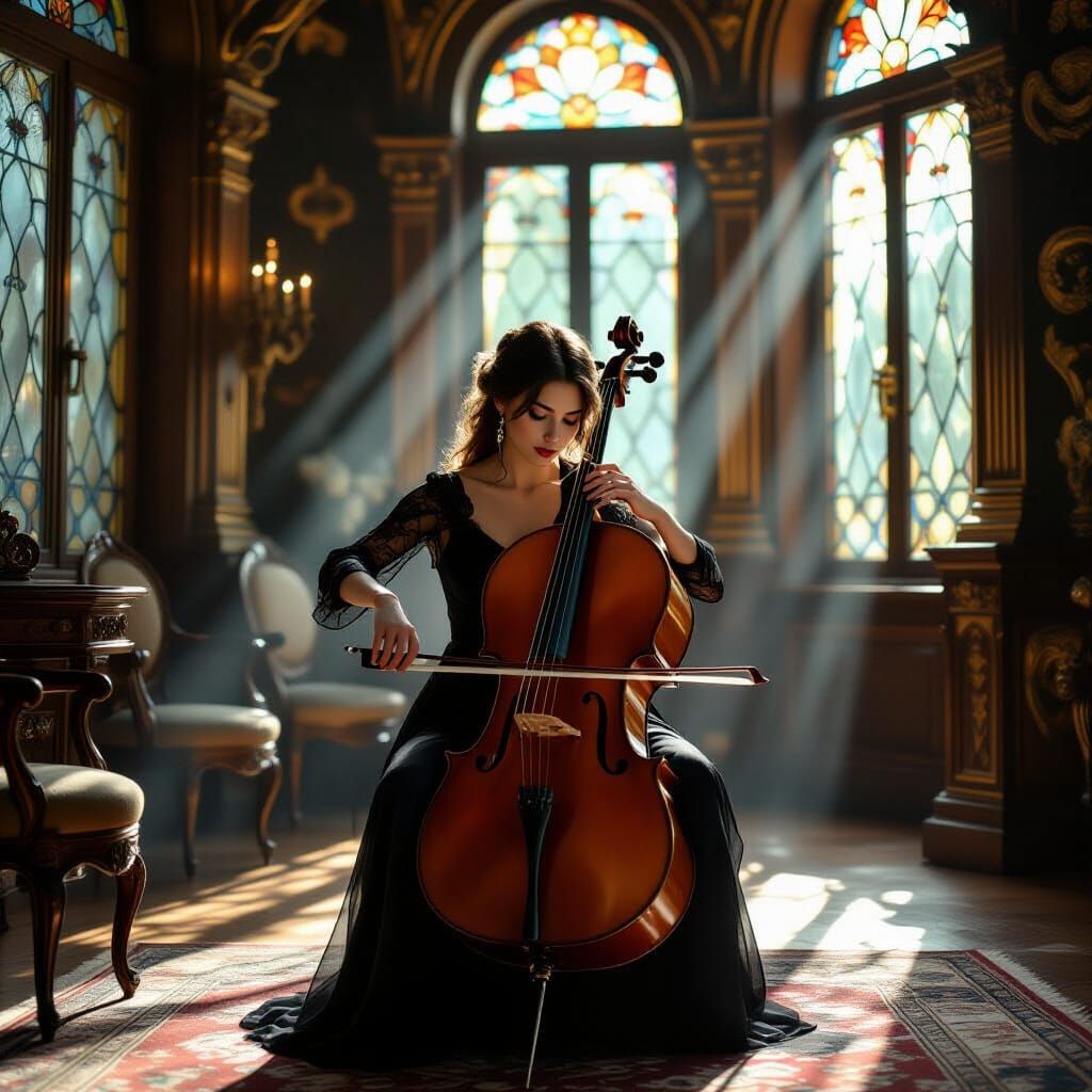 Melancholic Cellist in Opulent Salon: Matte Painting