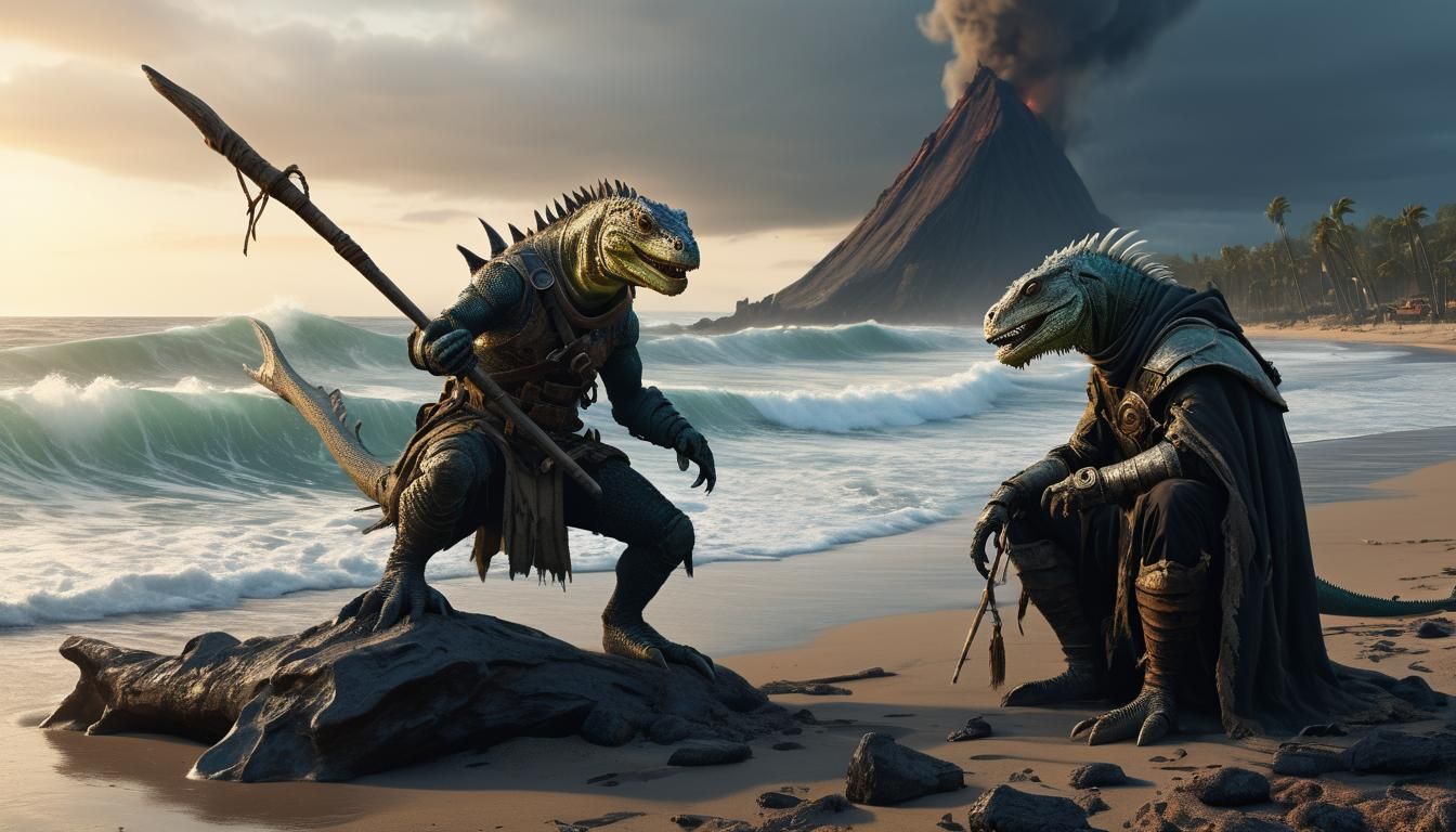 Lizardfolk Shaman on Volcanic Beach, Dark Fantasy Art