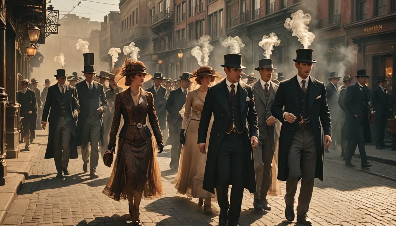 Steampunk Women and Men Stroll Through Sunlit Steam-Filled S...