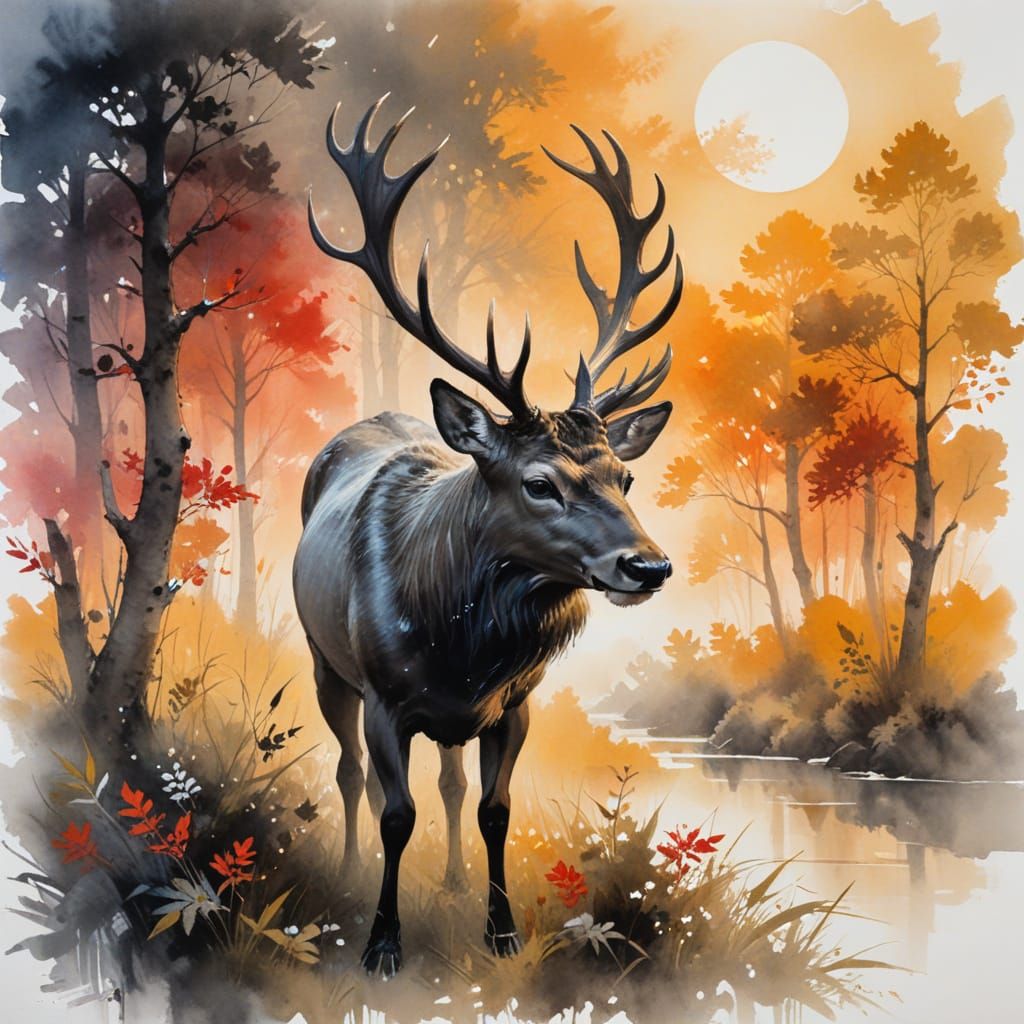 Majestic Stag in Moonlit Forest Clearing