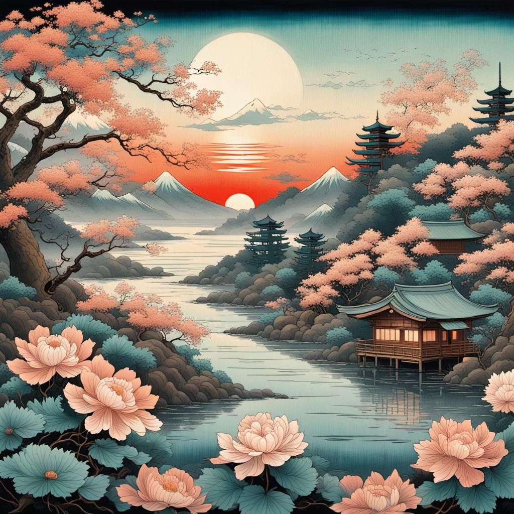 Japanese Moku-hanga Art of Flowers at Dusk