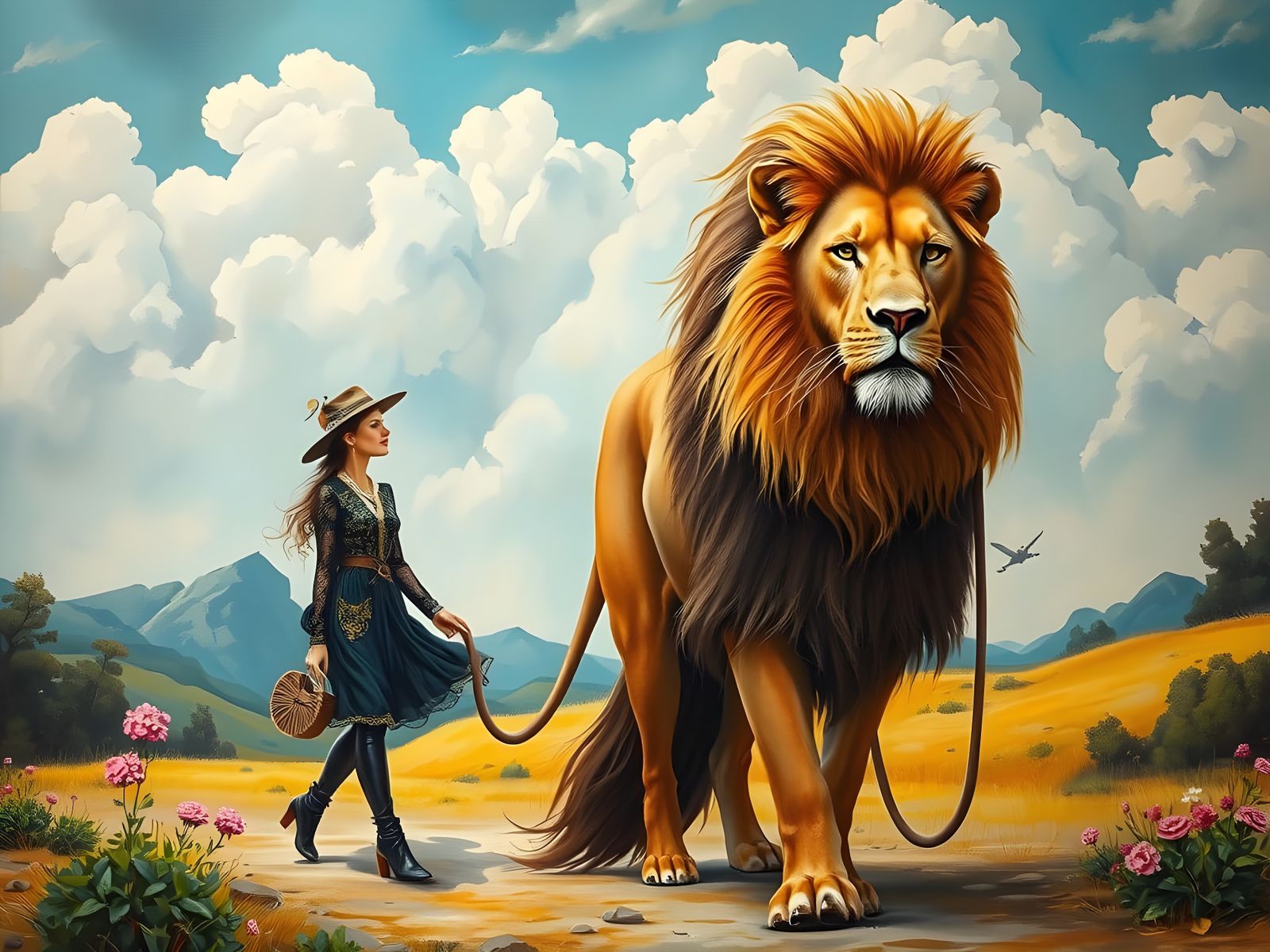 Surreal Bohemian Woman Walks a Lion in Enchanted Landscape