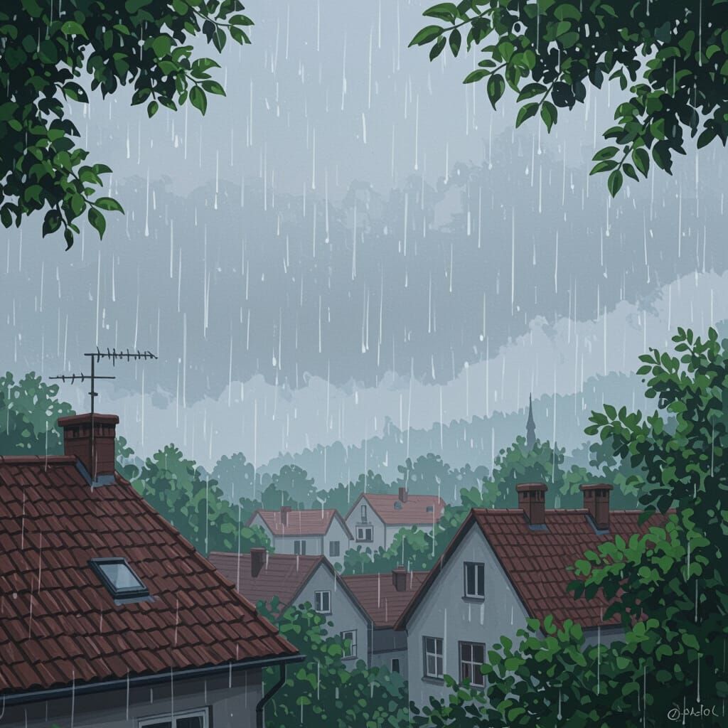 Rainy Day Scene with Silver Droplets