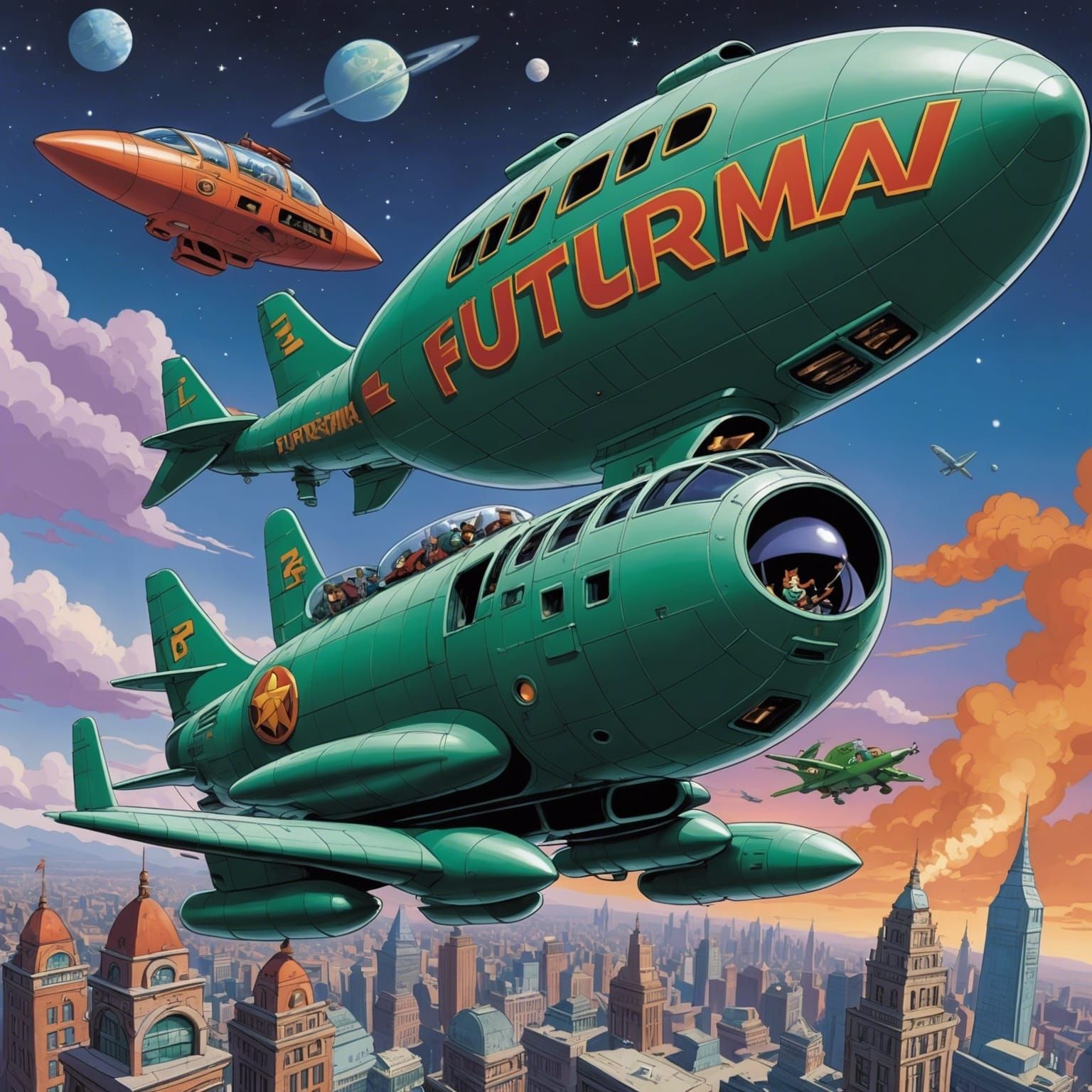 FUTURAMA [Image: Leela flying the Planet Express ship, with a "Lost Puppy" sign on the side]