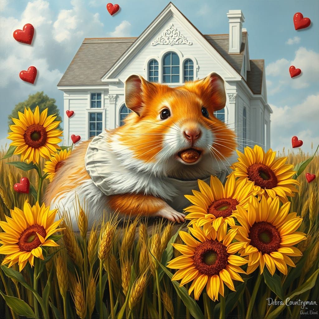 Hamster in Vibrant Wheat Field with Sunflowers and Hearts, i...