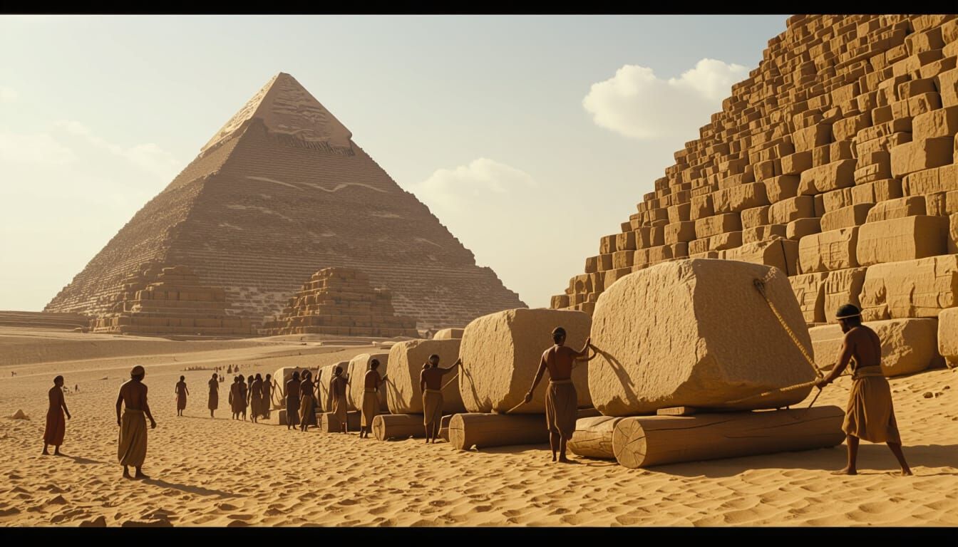 Epic Pyramid Construction: A Cinematic Film Still