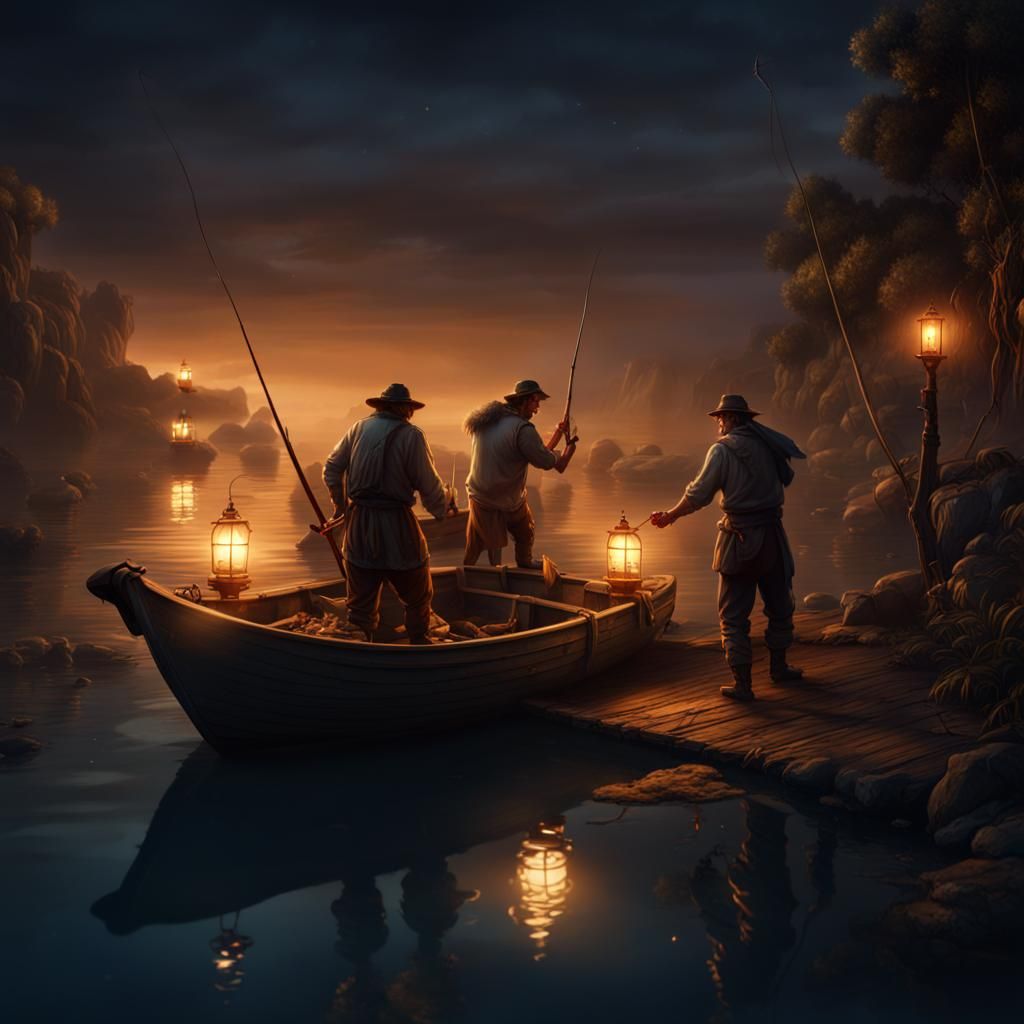 Fishermen Torchlight Night Fishing: Detailed Matte Painting