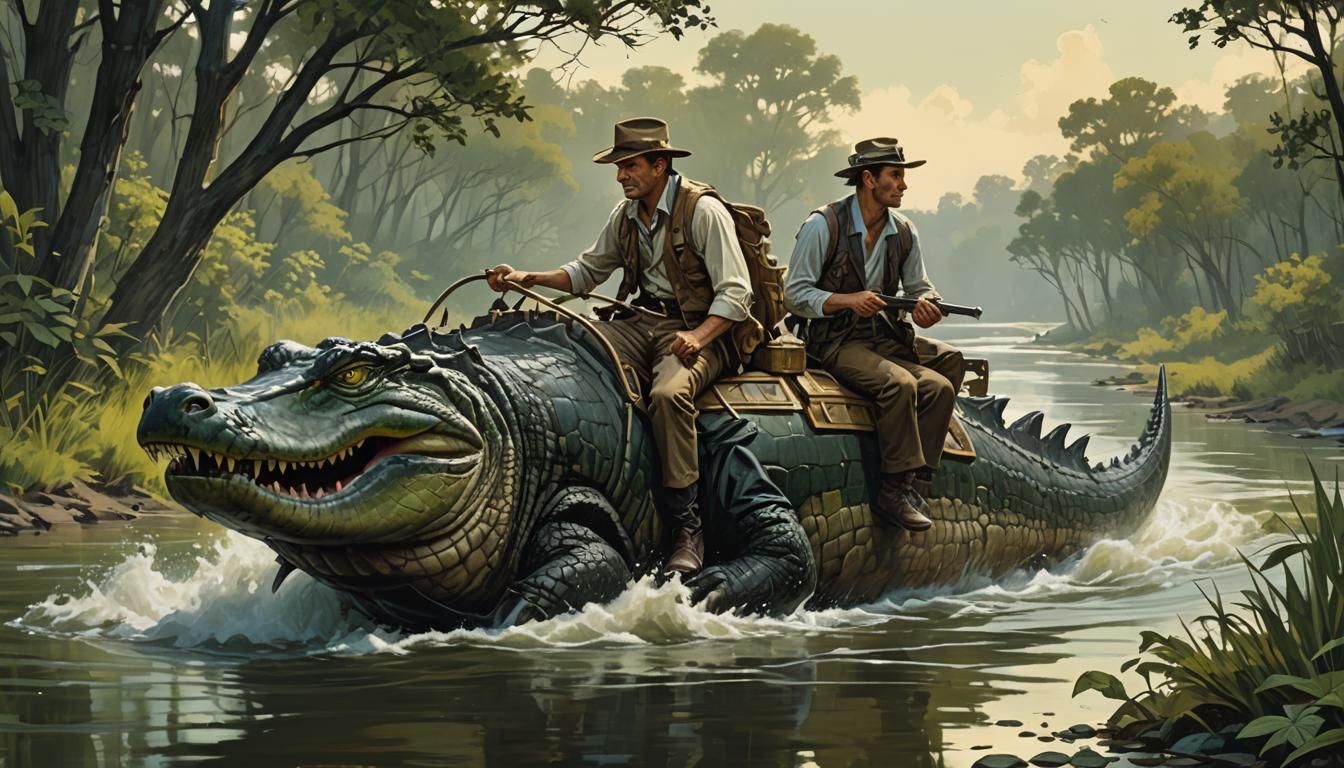 Man Rides Alligator in River: Digital Painting