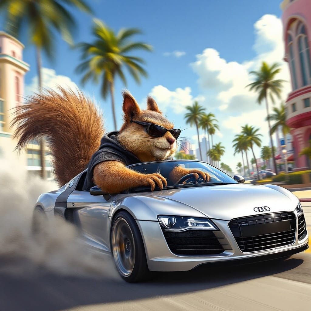 Surreal Cyberpunk Squirrel Speeds Through Miami in a Sleek A...