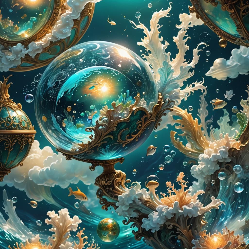 Iridescent Sea Inside Ornate Globe: Fantasy Art