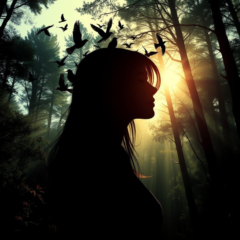 Forest Silhouette with Birds, Dramatic Lighting