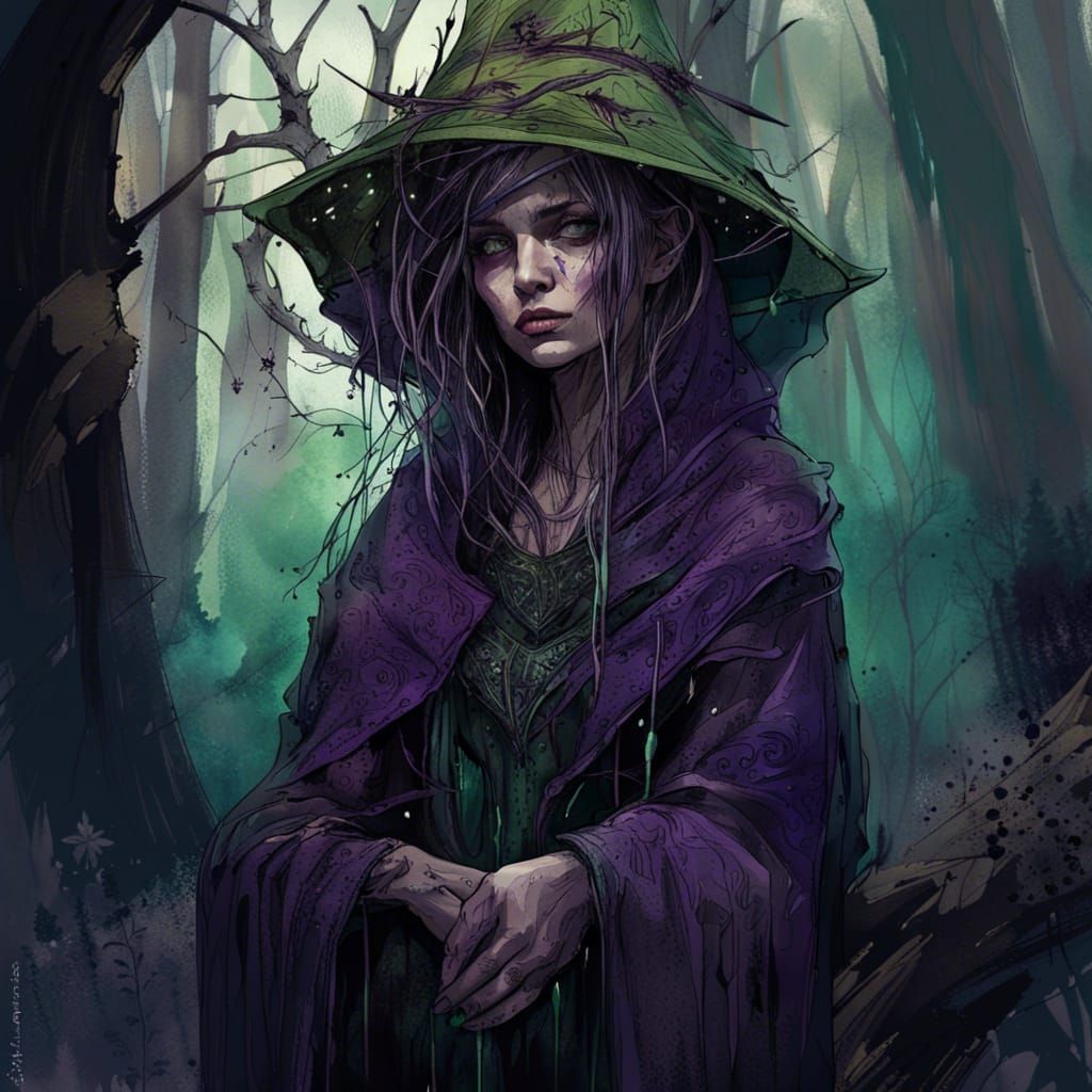 Sad Forest Witch in Dark Fantasy Style