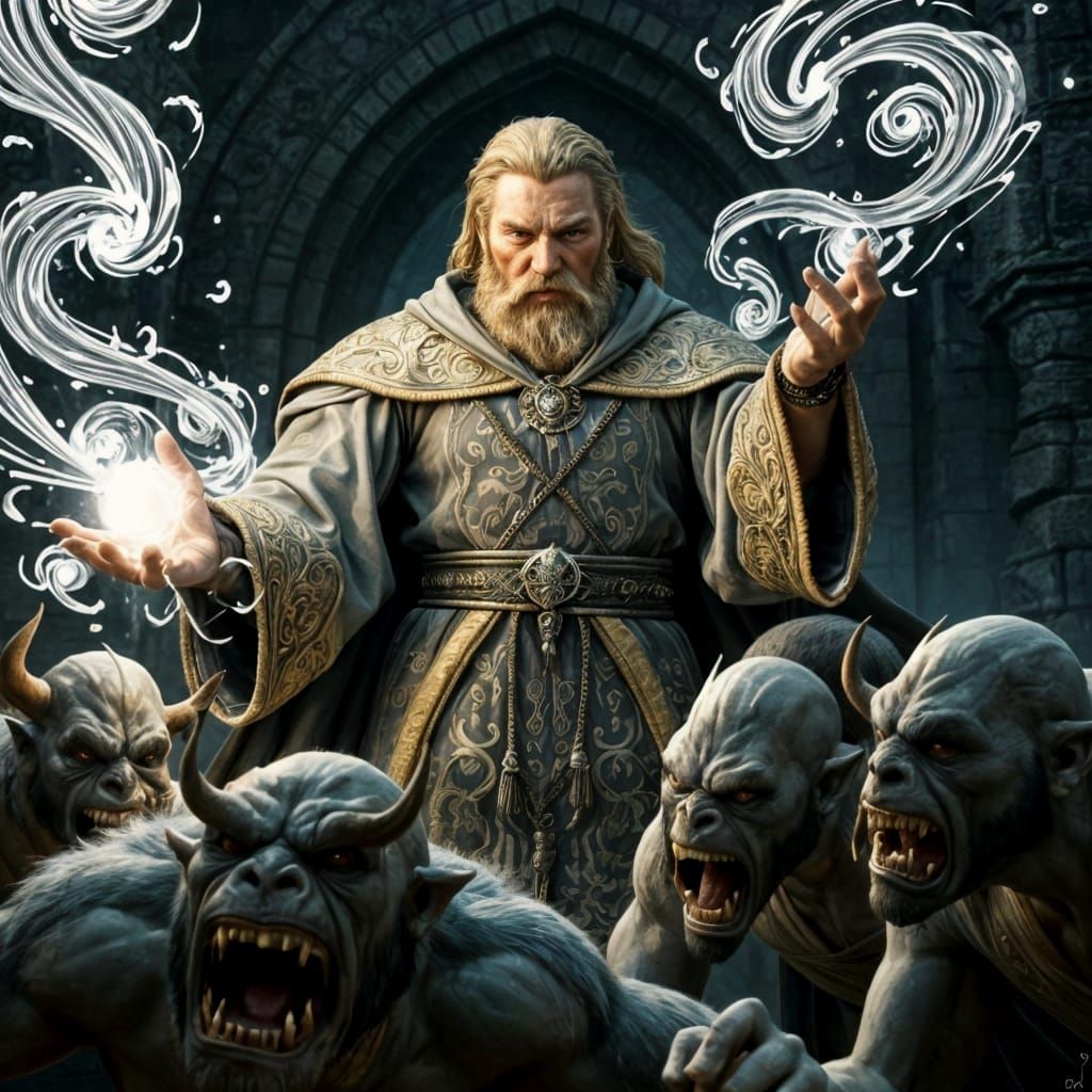 Sorcerer's Magic Against Orcs: Digital Art