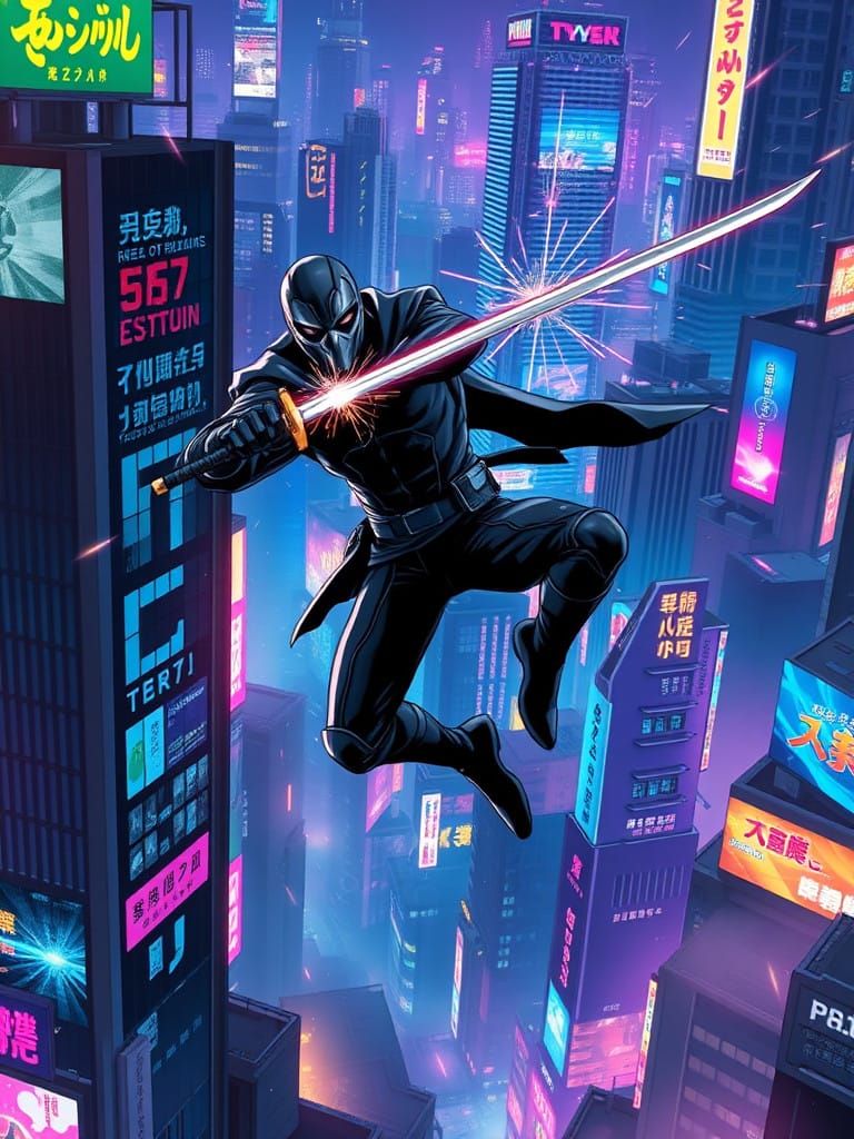 Cyberpunk Vigilante in Neon Cityscape