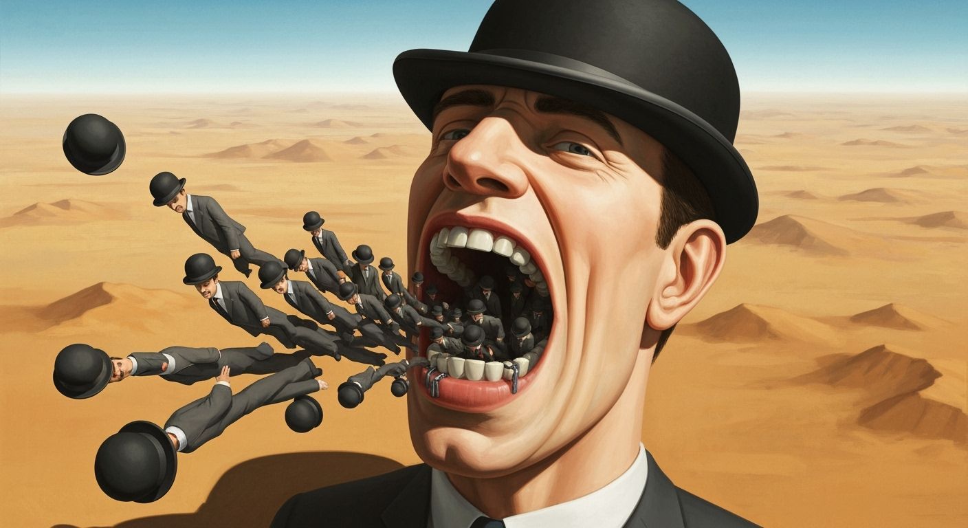 Surreal Cubist Head Erupts with Tiny Men in Bowler Hats