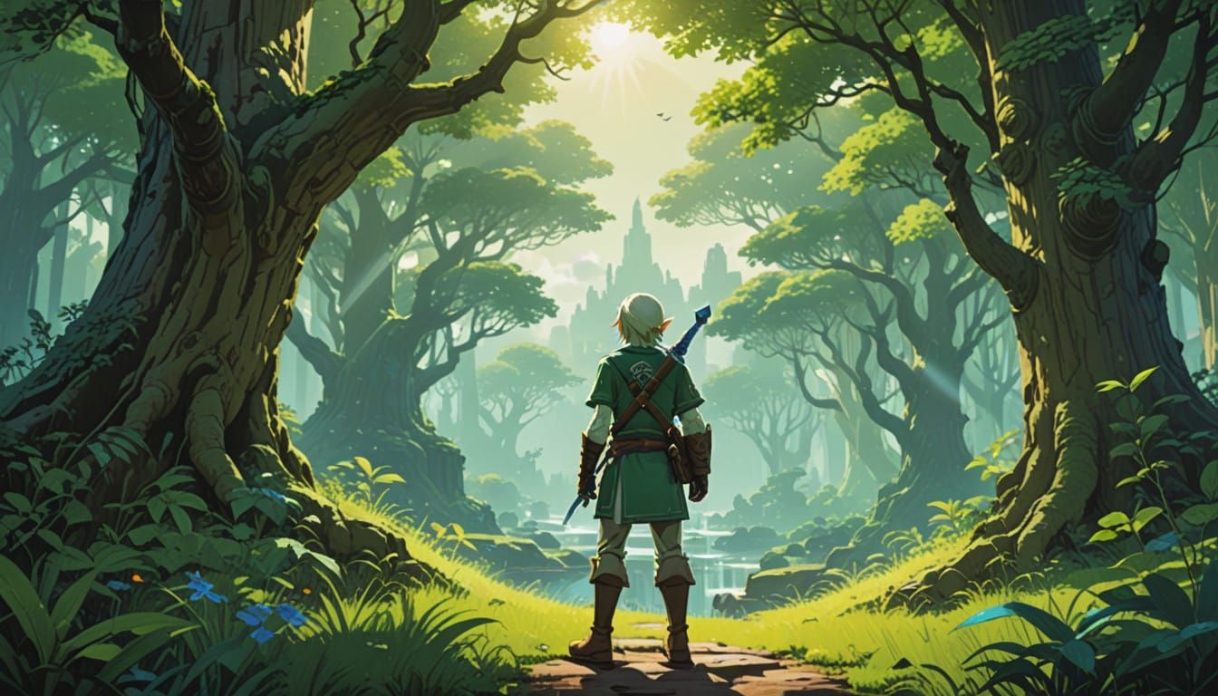 Elegant Link in Lush Hyrule Landscape