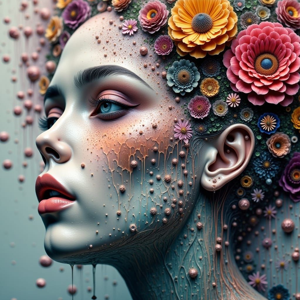 Surreal Porcelain Face Melts into Fractal Dreamscape