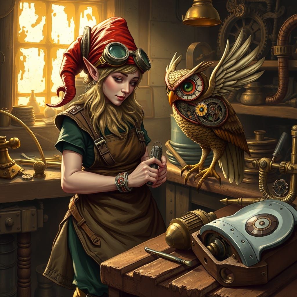 Gnome Artificer and Clockwork Owl in Steampunk Workshop