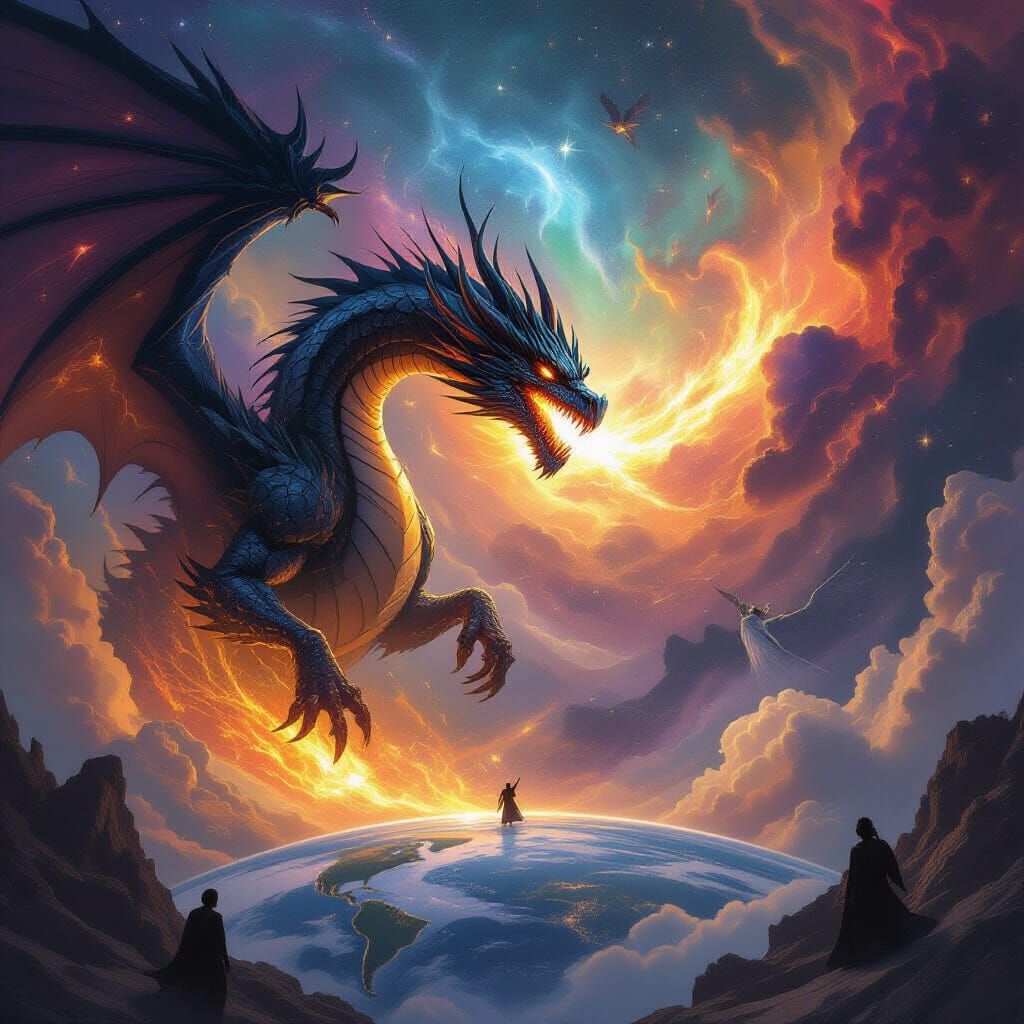 Cosmic Dragon Battles Angels in Etheric Realm Digital Painti...