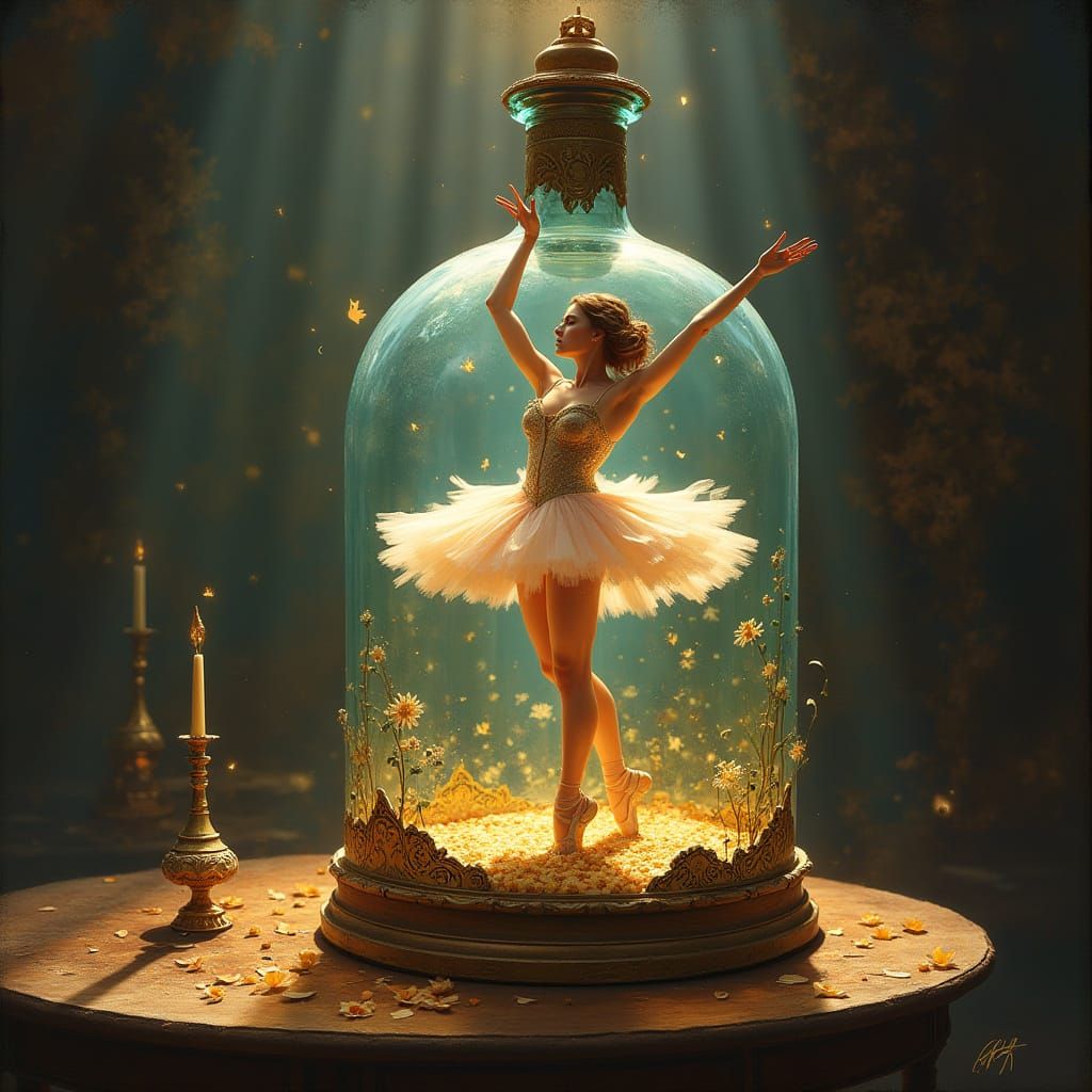 Ballerina Dancing Inside Ornate Bottle on Table, Matte-Paint...