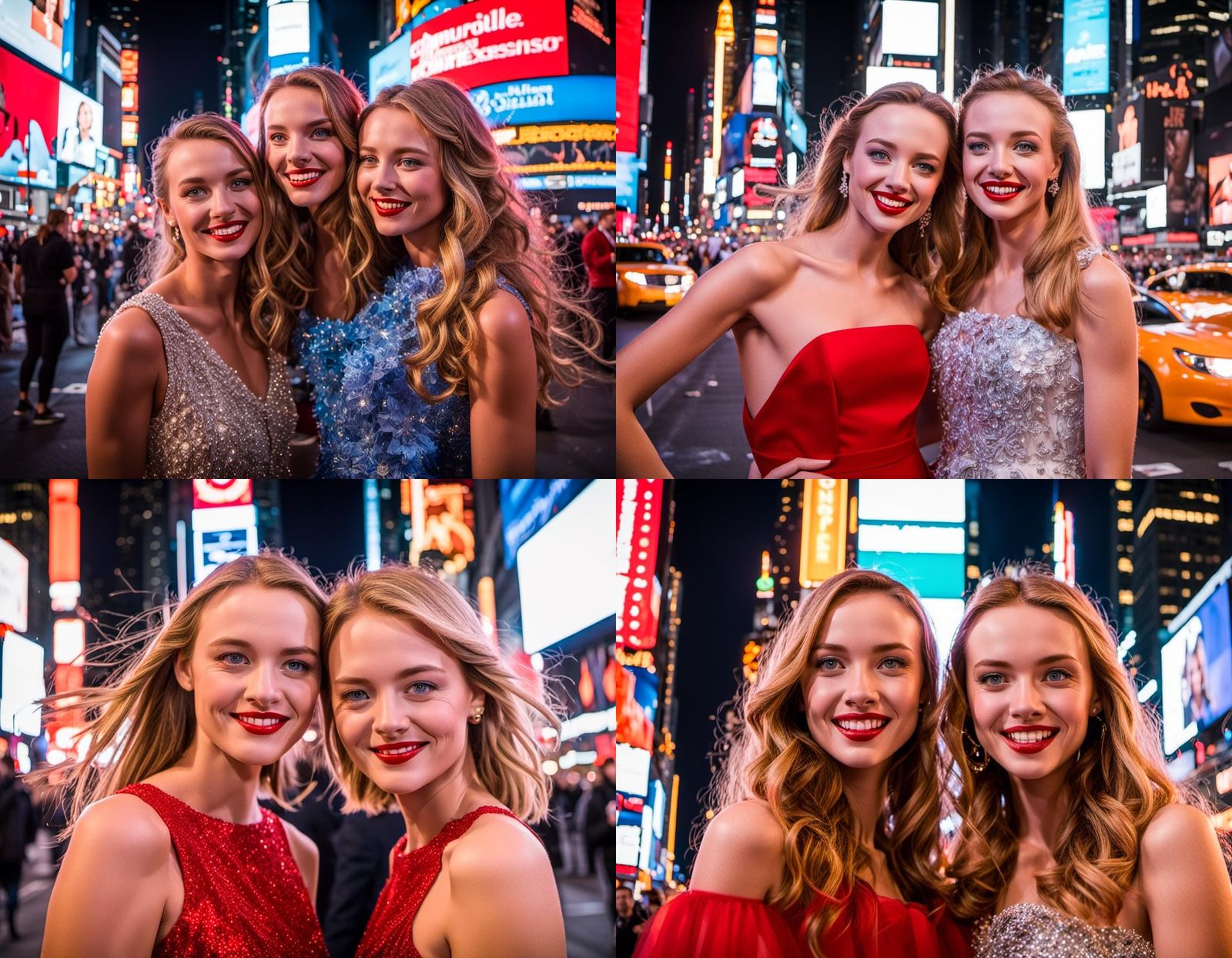 Times Square Night: Sisters in Red Couture, Photorealistic