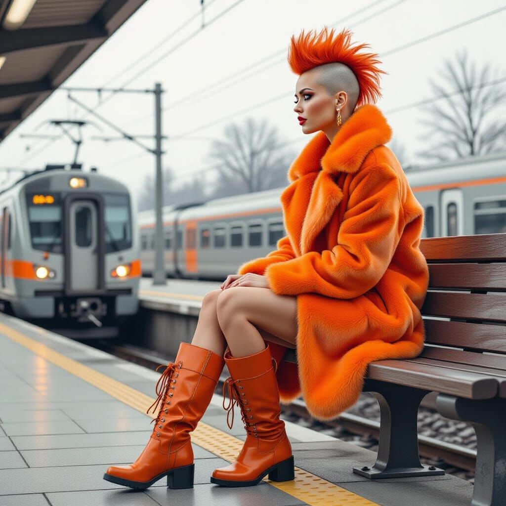 Surreal Monochrome Pencil Drawing: Woman in Orange Fur