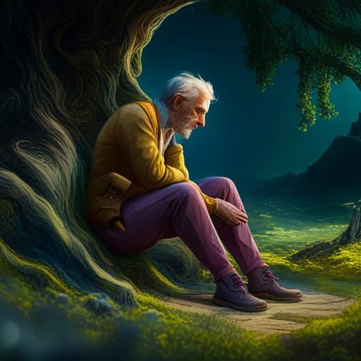 Man Contemplating in Park: Detailed Matte Painting