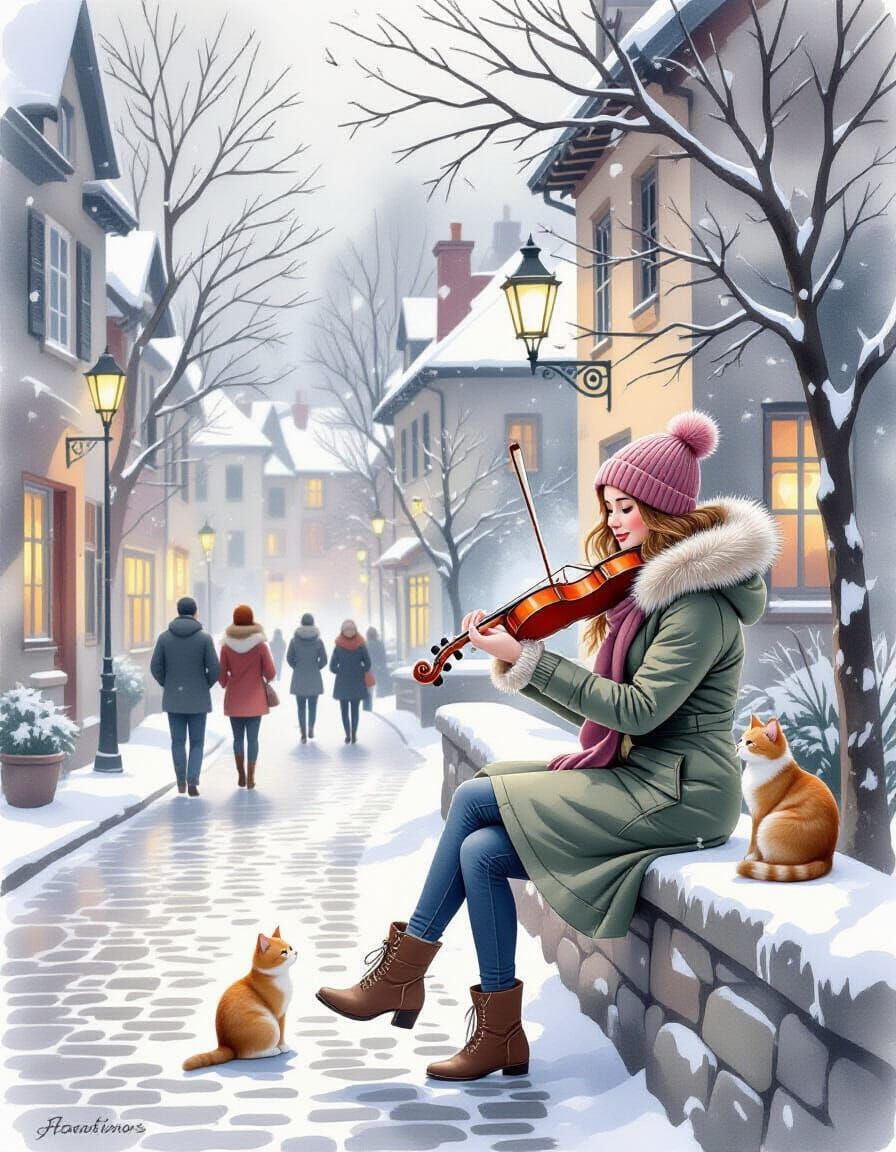 Woman Playing Violin in Snowy Town with Cats, Watercolor Sty...