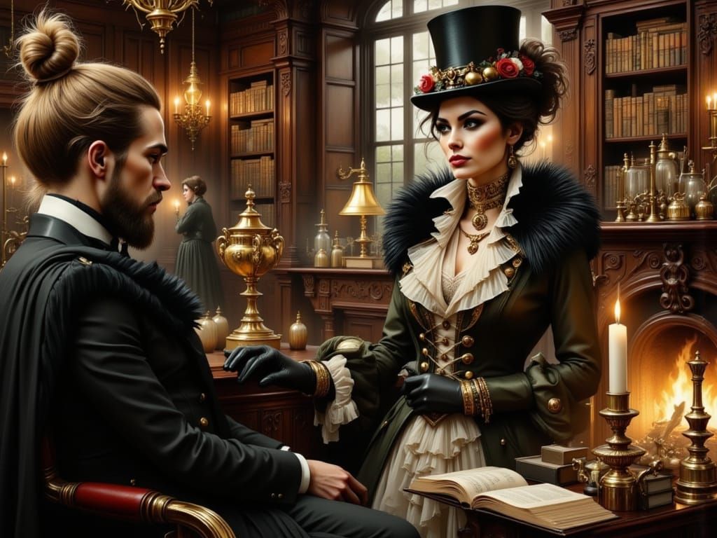Steampunk Lady Engages Vicar in Grand Country House Library