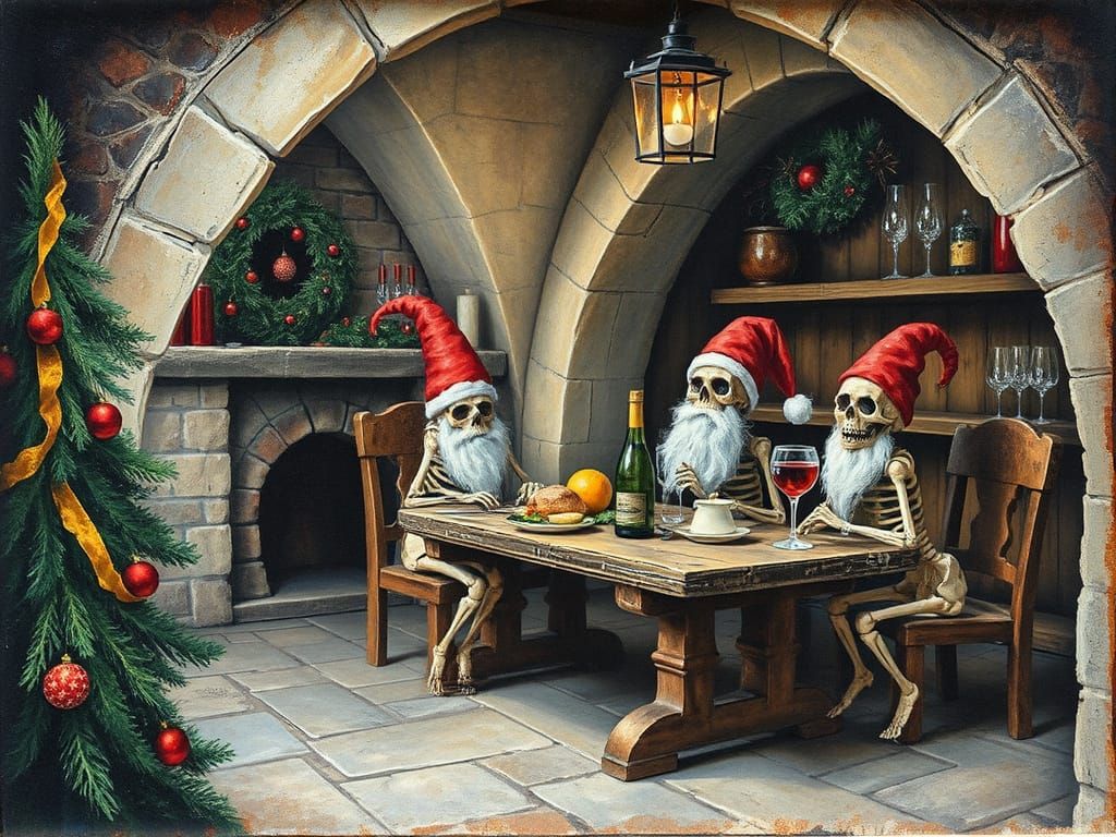Skeletal Gnomes Feast in Stone Wine Cellar