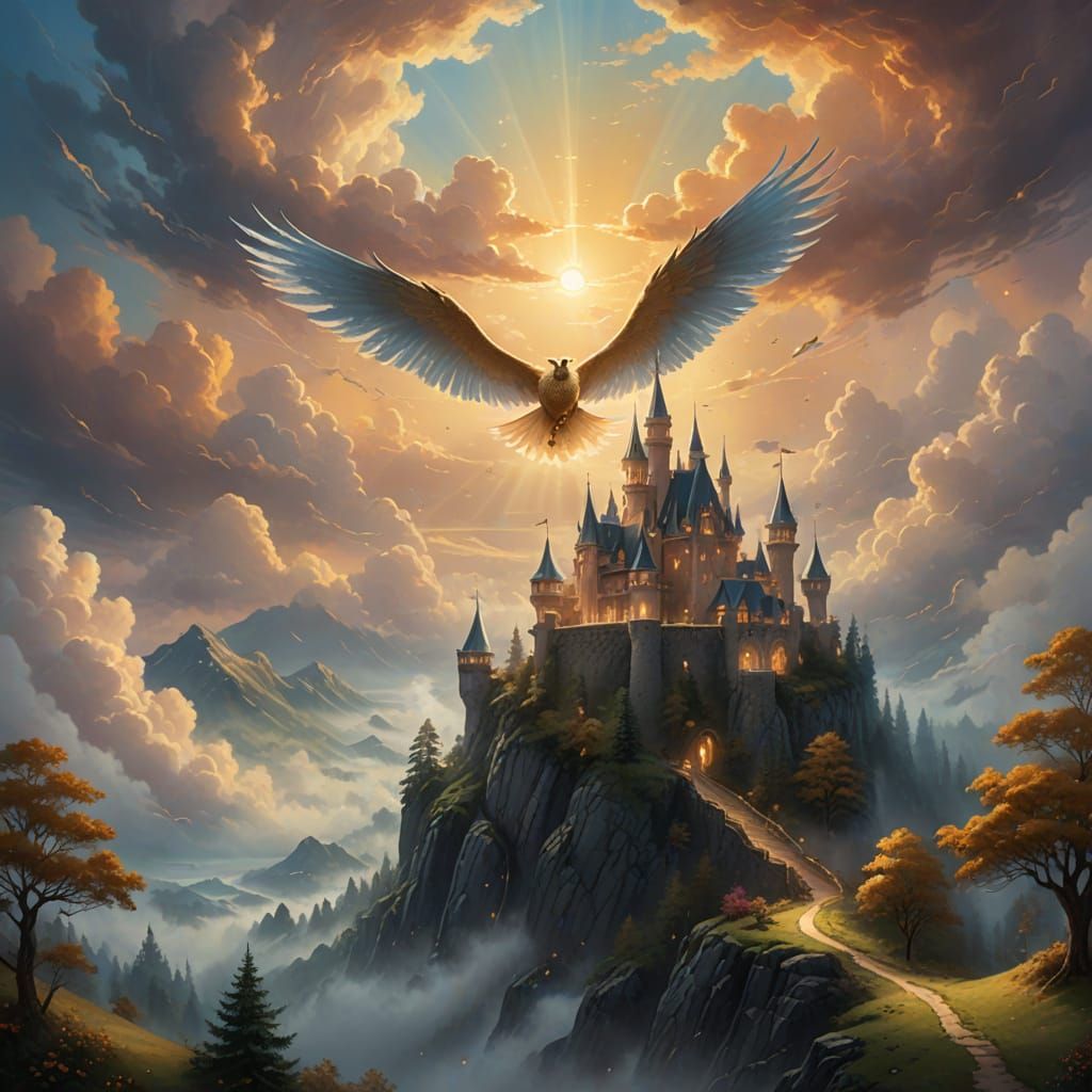 Mystical Winged Figure in a Dreamy Castle Landscape