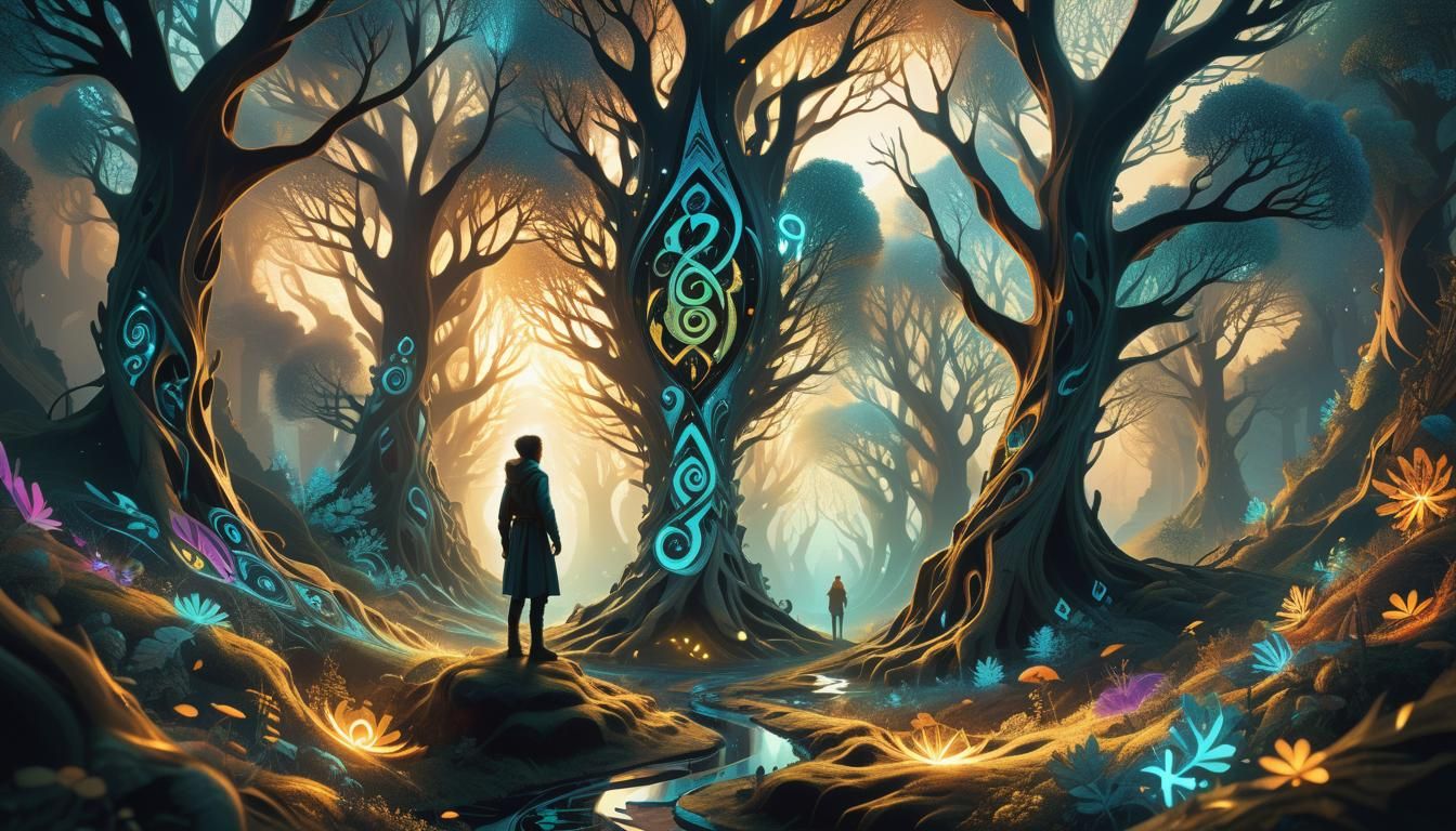 Mystical Forest with Glowing Runes in Zentangle Art