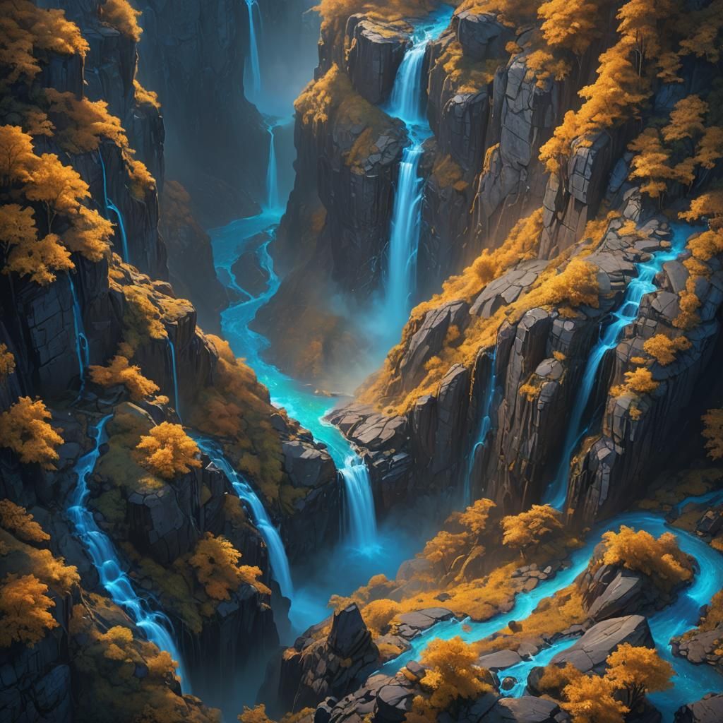 Neon Waterfall in Iridescent Mountain Landscape