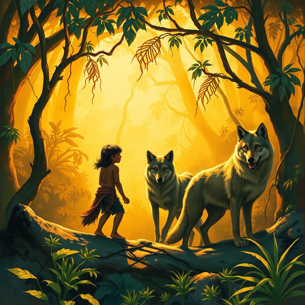 Mowgli and His Wolf Pack in Jungle